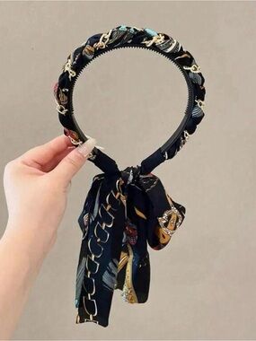 Black Patterned Scarf Knot Headband - Stylish Women’s Hair Accessory